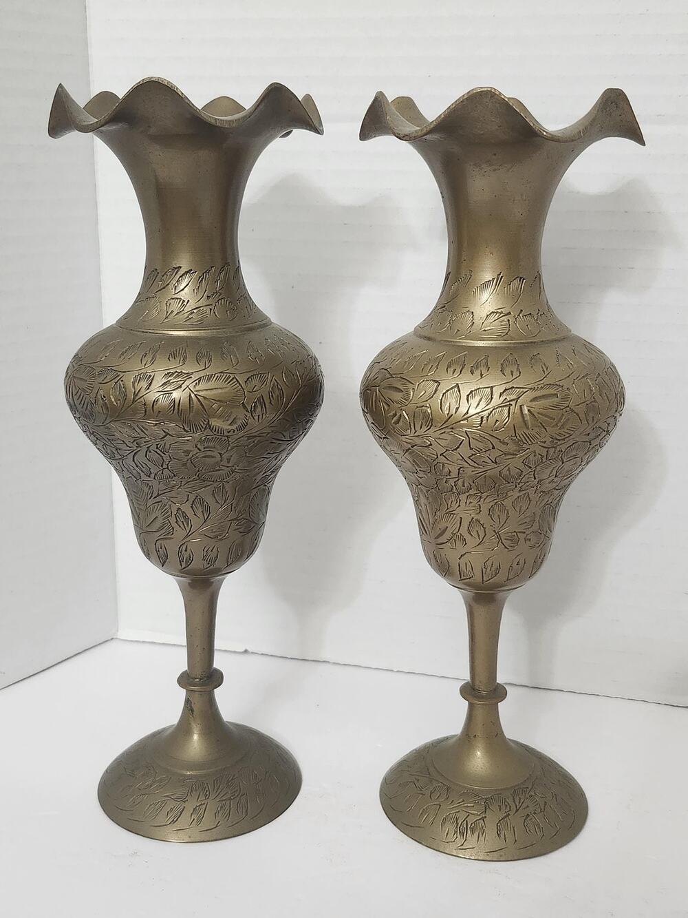 Vintage India Brass Etched Floral Vases 561 Matching Set Pair Lot of 2